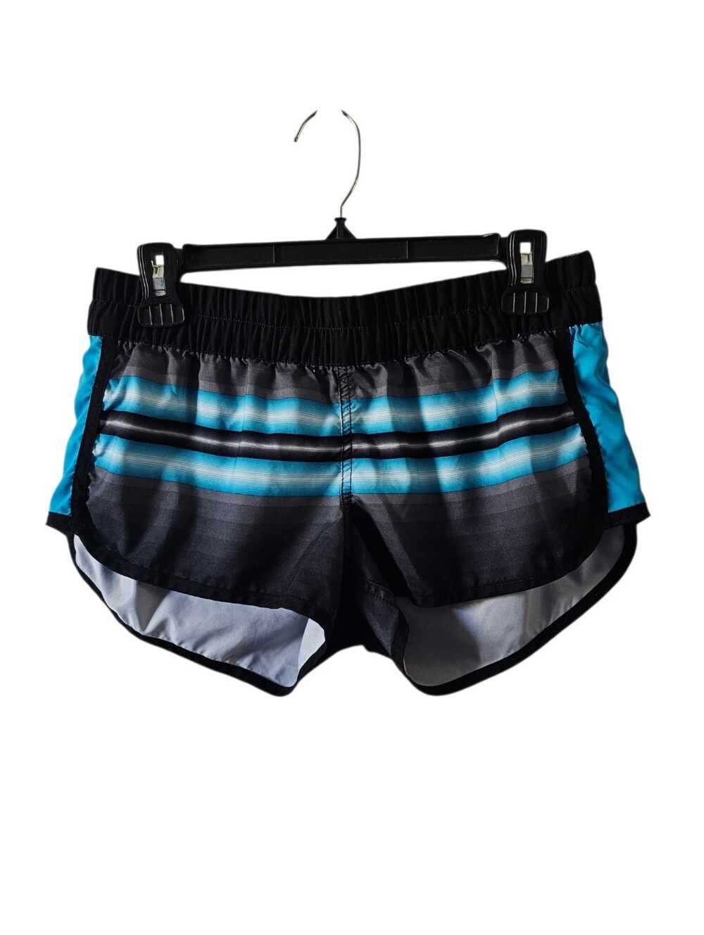 Hurley Womens Size M Board Shorts Aqua Blue Black Stripe Swimwear Surf Run Beach